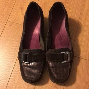 Chocolate brown suede shoes. Silver buckle. Comfy!